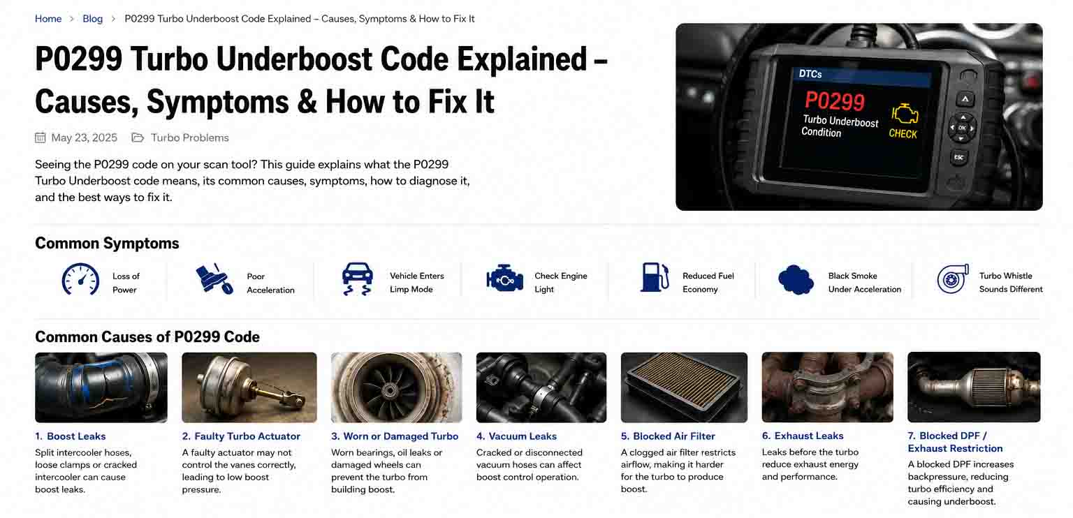 P0299 Turbo Underboost Code Explained | Causes, Symptoms & Fixes
